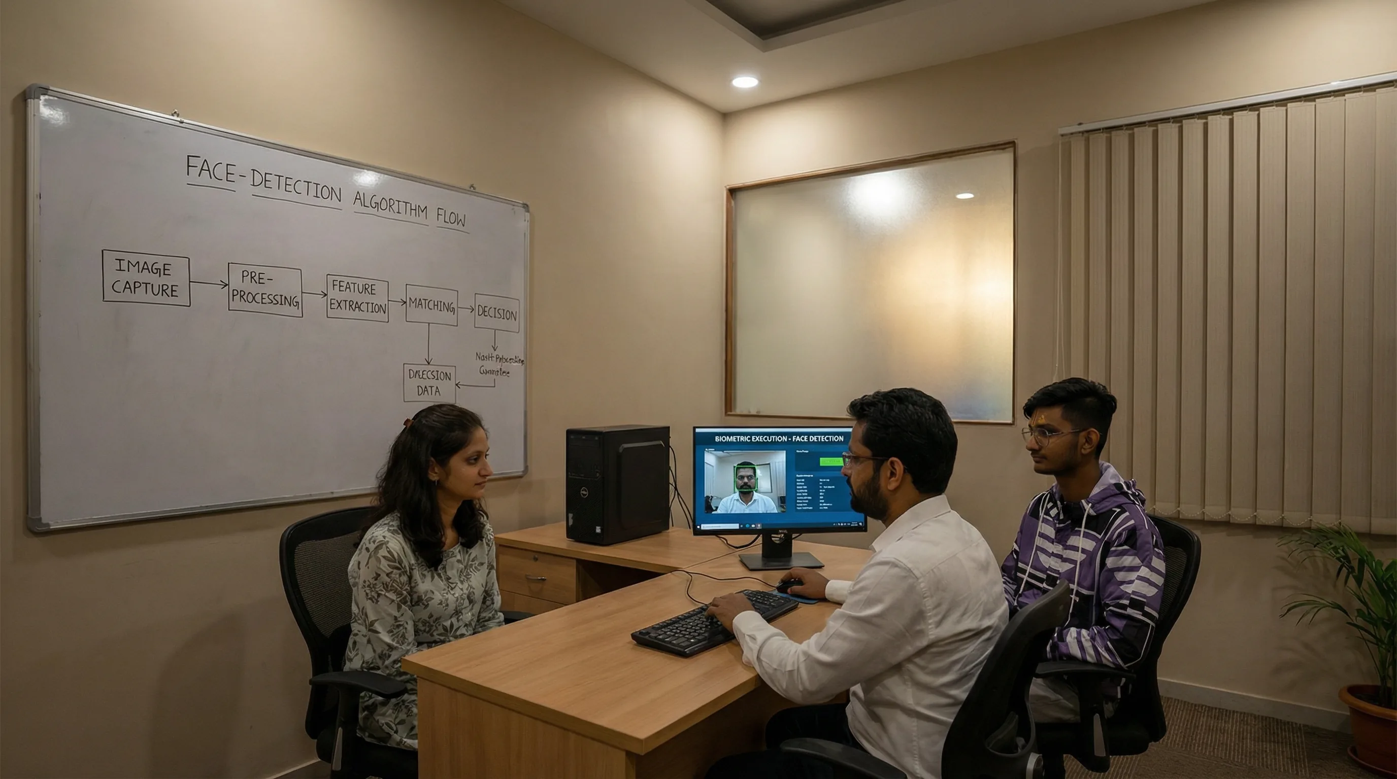 Dr. Sameer Gupta mentoring team on biometric face recognition research in calm interior office