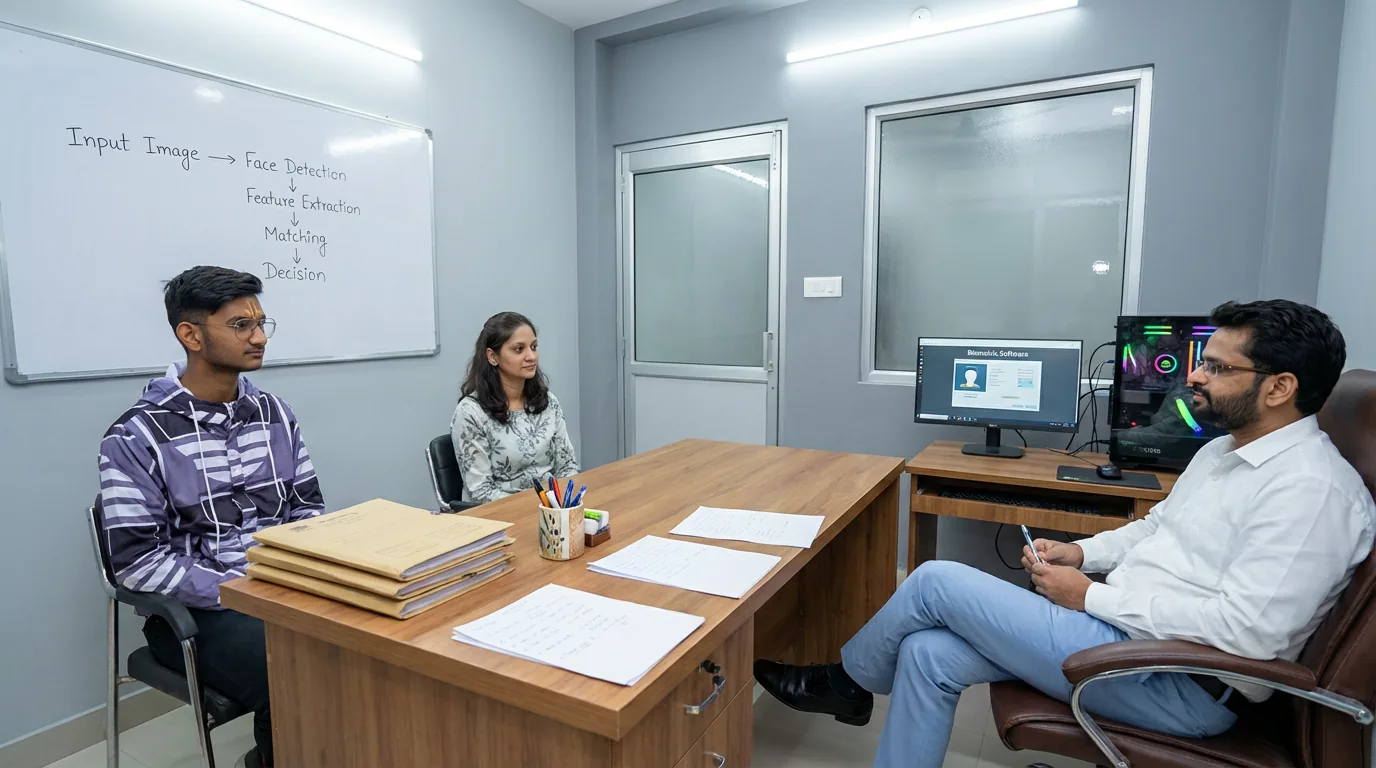 Dr. Sameer Gupta mentoring team on biometric face recognition research in Indian town office with GPU workstation