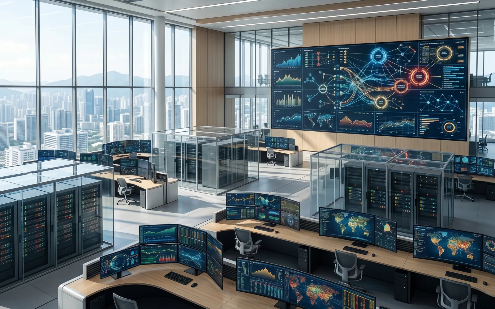 Financial AI operations center with risk monitoring and fraud detection analytics